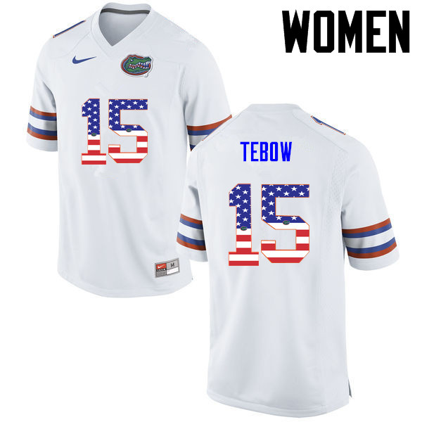 Women Florida Gators #15 Tim Tebow College Football USA Flag Fashion Jerseys-White - Click Image to Close
